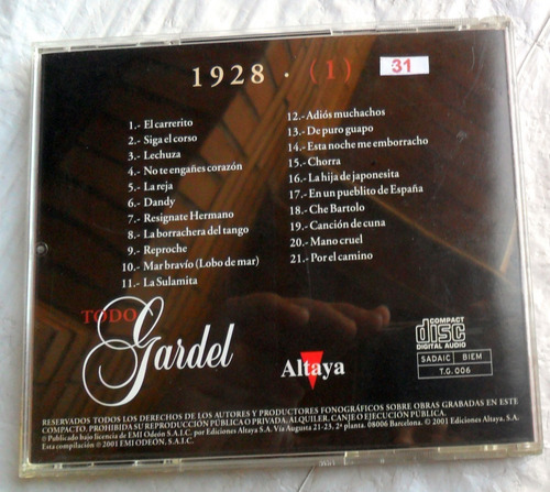 Todo Carlos Gardel : 21 Temas 1928 * Cd Spain Impecable (Usado)
