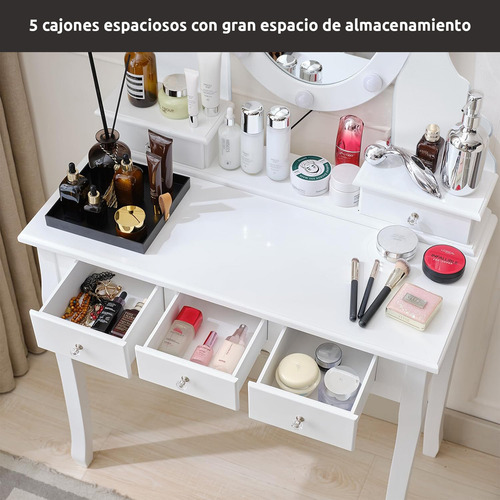 Tocador Con Espejo Iuces Y Taburete Blanco
