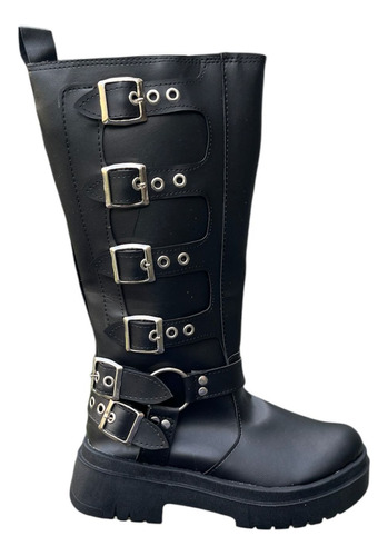 Botas Borcegos Mujer Caña Alta Hebilla Negro Comoda Moda