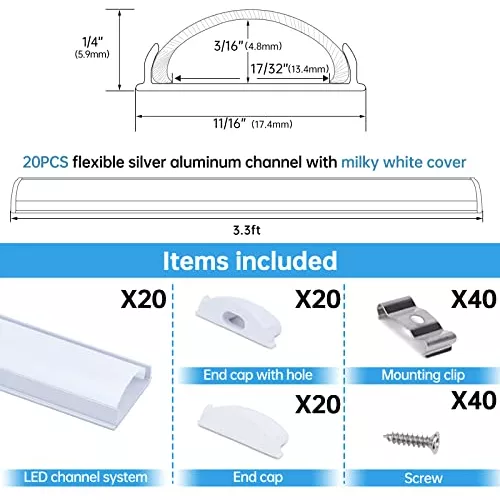 Paquete de 10 difusores de tira LED en forma de V de 3.3 pies, canal de  aluminio con tapas de extremo de cubierta blanca y clips de montaje, perfil  de