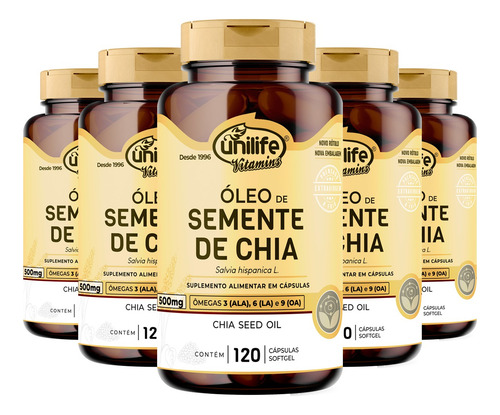 Kit 5 Óleo De Semente De Chia Unilife 120 Cápsulas