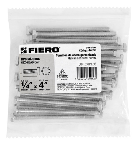 Bolsa Con 30 Tornillos 14x4 Tipo Máquina, Fiero 44633