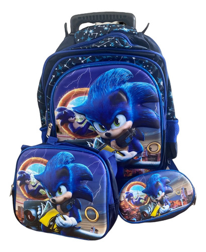 Kit Mochila Infantil Escolar Sonic Se Rodinhas Cor Azul 