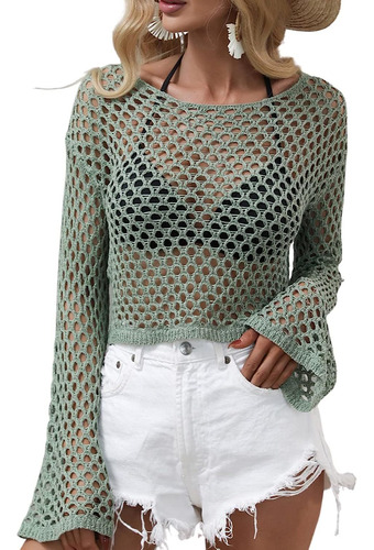 Blusa De Crochet De Manga Larga Con Top Hueco Para Mujer