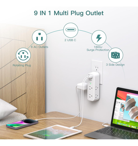 Extensor De Salida De Pared 6 Salidas 3 Puertos Usb Mmg