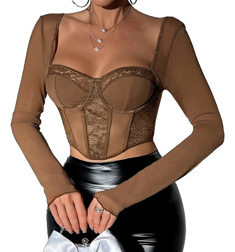 C Blusa Crop Top Campesina Corset Encaje Malla Manga Larga