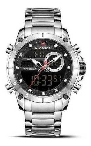 Reloj pulsera Naviforce NF9163 con correa de acero inoxidable color plateado - fondo negro
