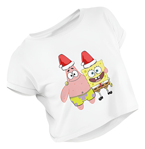 Playera Crop Top De Bob Esponja Y Patricio Navidad