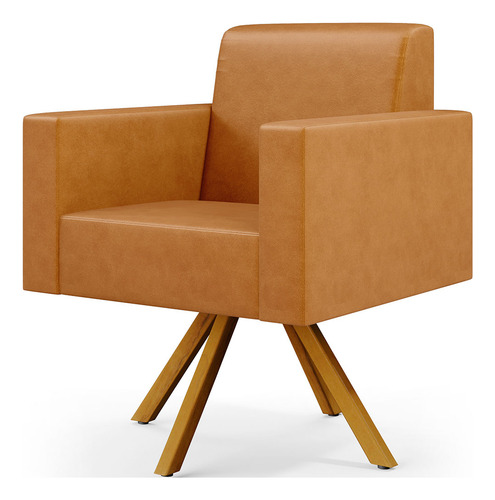 Kit 03 Poltronas Decorativa Base Giratória de Madeira Helô L02 Couríssimo Whisky