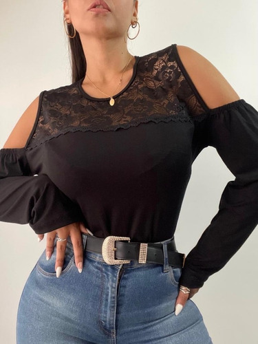 Blusa Modal Viscosa Elastizada Hombros Descubiertos Encaje 