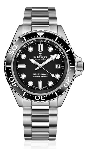 Reloj Edox Neptunian Grande Réserve Date Mod. 80801-3nm-nin Correa Plateado Bisel Negro Fondo Negro