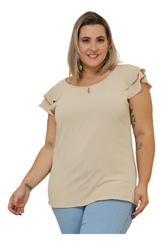 Blusa Social Plus Size Moda Feminina Com Babado Manga Verão