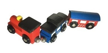 Tren De Madera Con Locomotora Y 2 Carros Con Union De Imán