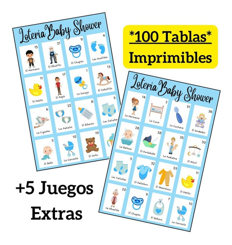 Juego Imprimible Loteria Baby Shower 100 Tablas Azul Pdf