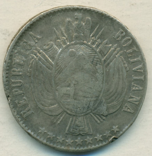 Bolivia Moneda De Plata Tamaño Corona Un Boliviano 1866 Fp