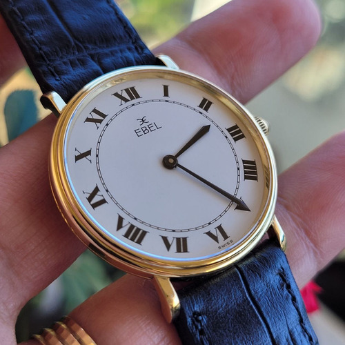 Relógio Vintage Ebel Suíço Ouro18kt Corda Manual Único No Br Correia Preto Bisel Ouro 18k Fundo Branco