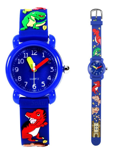 Reloj Led Niños Dinosaurios Kawai 3d Impermeable Mov Japones Correa Azul Bisel Azul Marino Fondo Azul Marino
