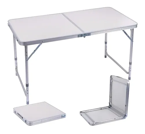 Mesa Dobrável Omega Alumínio Maleta 120x60cm 3 Alturas Camping Praia Branca Branco