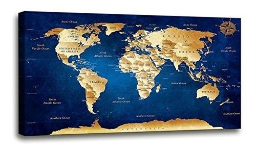 Arte De Pared Mapa Azul Del Mundo Pintura Lista Para Co...