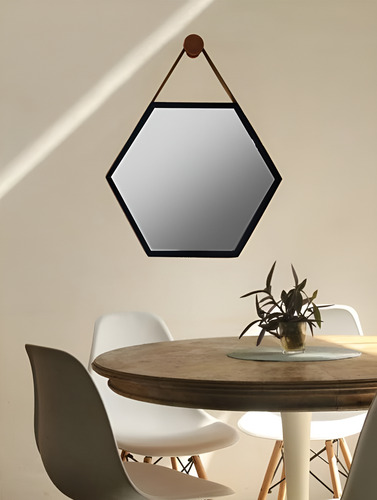 Espelho Adnet Sextavado 50cm Decorativo Com Alça + Suporte Moldura Preto Alça Preta