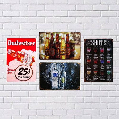 4 Placas De Metal Quadros Decorativo Cerveja Drink Bar Retro