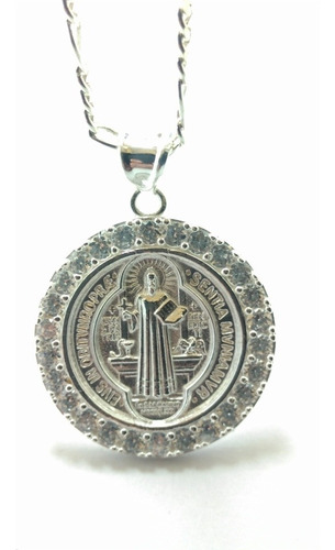 Medalla De San Benito En Plata Fina Y Zirconias Blancas 2v 