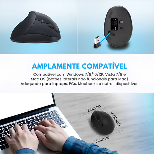 Mouse Sem Fio Vertical Ergonômico Conforto Usb Recarregável