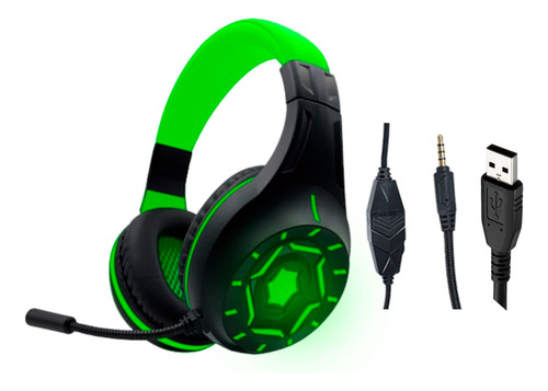 Fone De Ouvido Headset Gamer Led Verde Preto P3 Usb Ps4/one