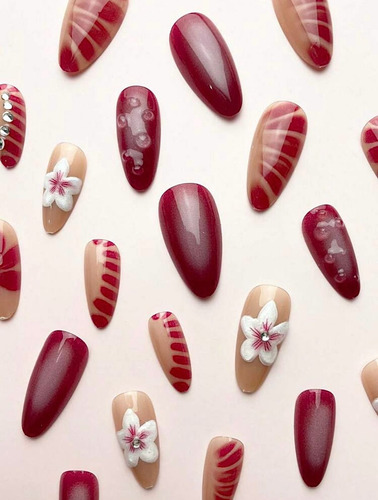 Uñas Postizas Press On Nail Art Flores Rosas Importadas Rosa Viejo Uñas Rosas Floreadas