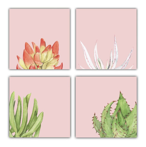 Cuadro Decorativo Cactus Fondo Rosa Set 4pz 40x40cm