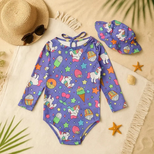 Kit Biquini Maio Chapeu Bebe Infantil Proteção Uv 50+ Cor Violeta Desenho do tecido Unicórnio Tamanho 6-9 M
