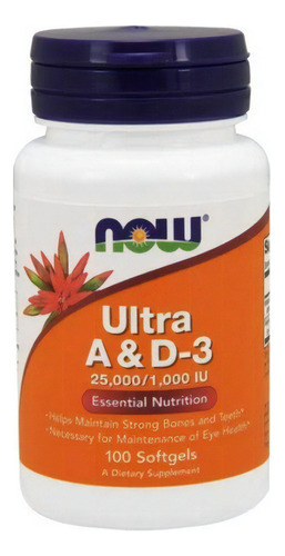 Ultra Vitamina A & D3 25000/1000iu X 100 Softgels Now Foods Sabor Neutro