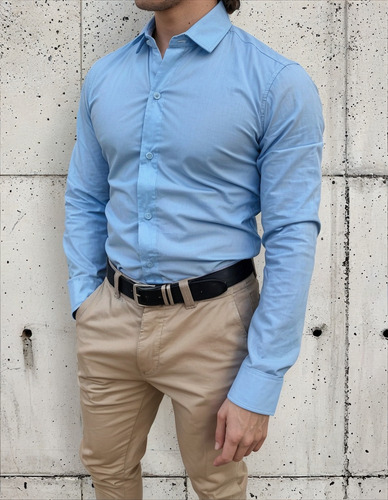 Camisa De Vestir Hombre Elastizada Manga Larga Entallada