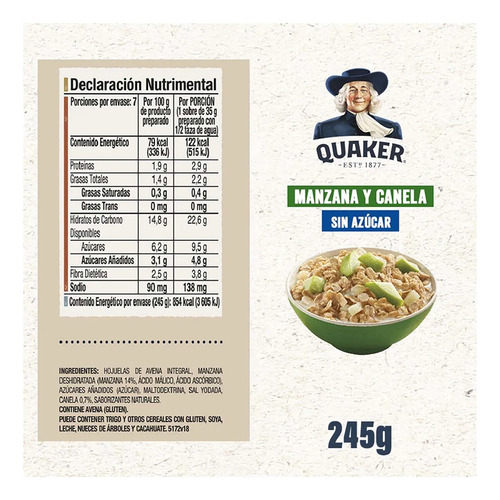 Avena Integral Quaker Sin Azúcar Manzana Y Canela 245 G