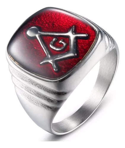 Anillo Mason Hombre Rojo Plateado Acero Inoxidable A295