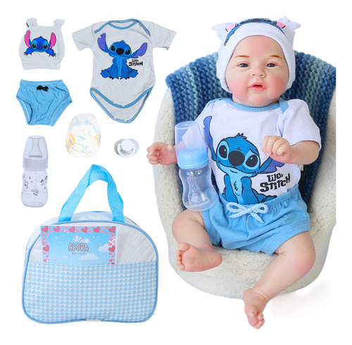 Bebê Reborn Boneco Stitch Em Silicone Com Bolsa Maternidade