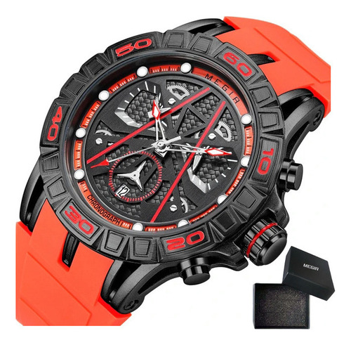 Reloj de pulsera Megir 8110 de cuerpo color negro, analógico, para hombre, con correa de silicona color naranja y hebilla simple