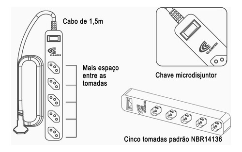 Filtro Linha 10 Amperes 5 Tomadas Bivolt 1270 2200w Disjunto
