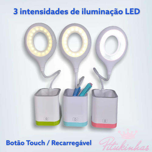 Luminária Led Flexível Mesa Porta Caneta Recarregável Usb