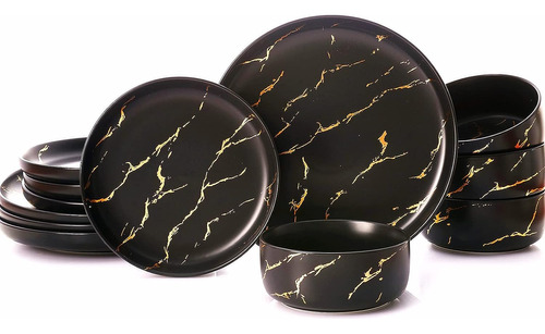 Set De Platos Vajilla Negro Porcelana 12 Pz Gold Splash