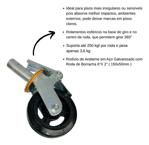 Rodízio Rodinha Para Andaime Com Dupla Trava Freio 250kg 8pç