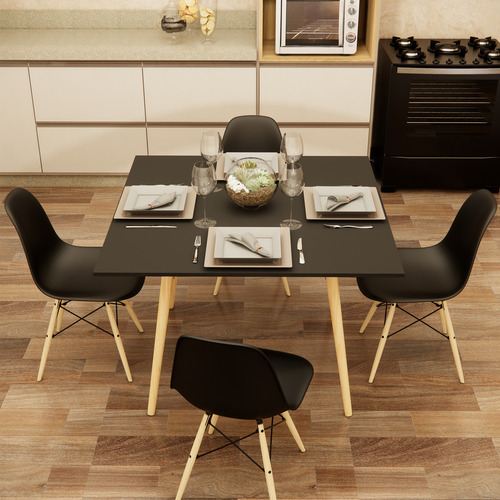 Mesa Sala De Jantar Cozinha Quadrada 4 Lugares 90 Cm Pés Madeira Tampo Preto