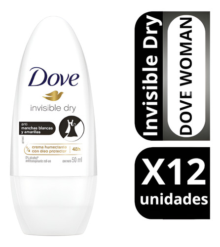 Desodorante Roll On Dove Mujer Invisible Dry 50 Ml Pack 12
