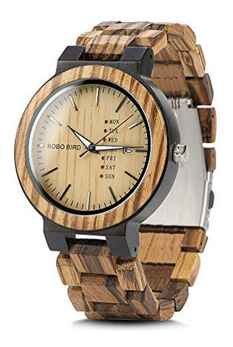 Reloj De Madera Zebra Con Fecha Y Semana.