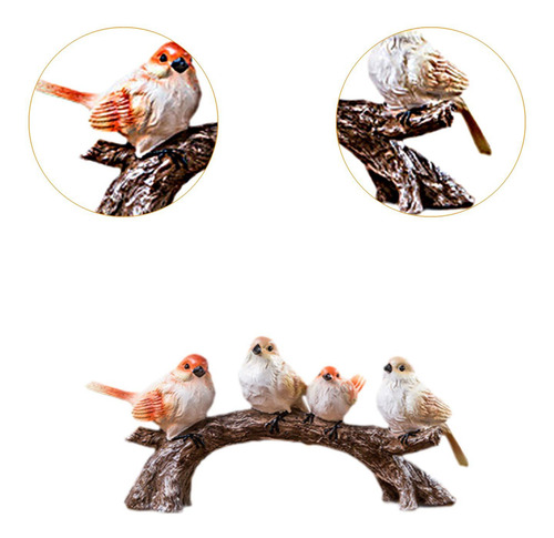 Artesanía De Pájaro En Rama, Escultura De 4 Pájaros