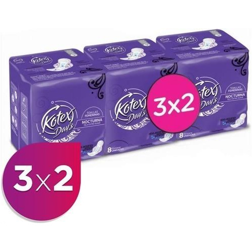 Toallitas Femeninas Kotex Nocturna 8 Unidades 3x2