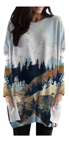 Blusa F Para Mujer Talla Grande Con Estampado De Montaña Lon