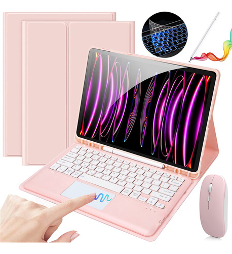 Funda C/teclado Mouse+lápiz P/iPad Pro 12.9 2018-2021 Rosa