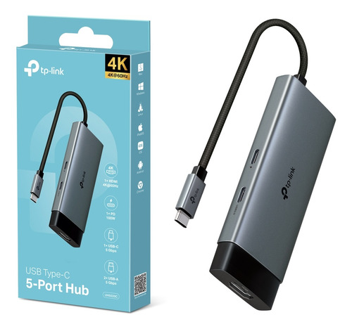 Adaptador Hub 5 Em 1 Usb-c Tp-link Uh5020c Usb Hdmi 4k Usb-c Cor Prateado