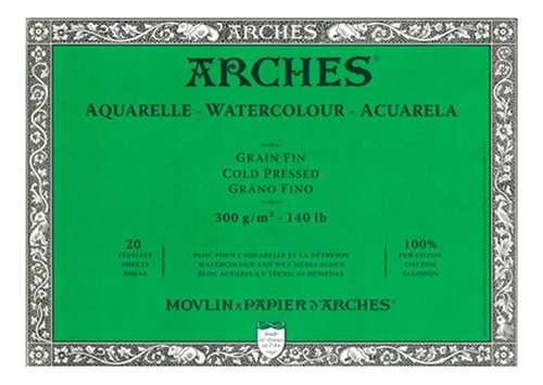 Block Papel Acuarela Arches 300gr Grano Fino 26x36cm 20h Color Blanco